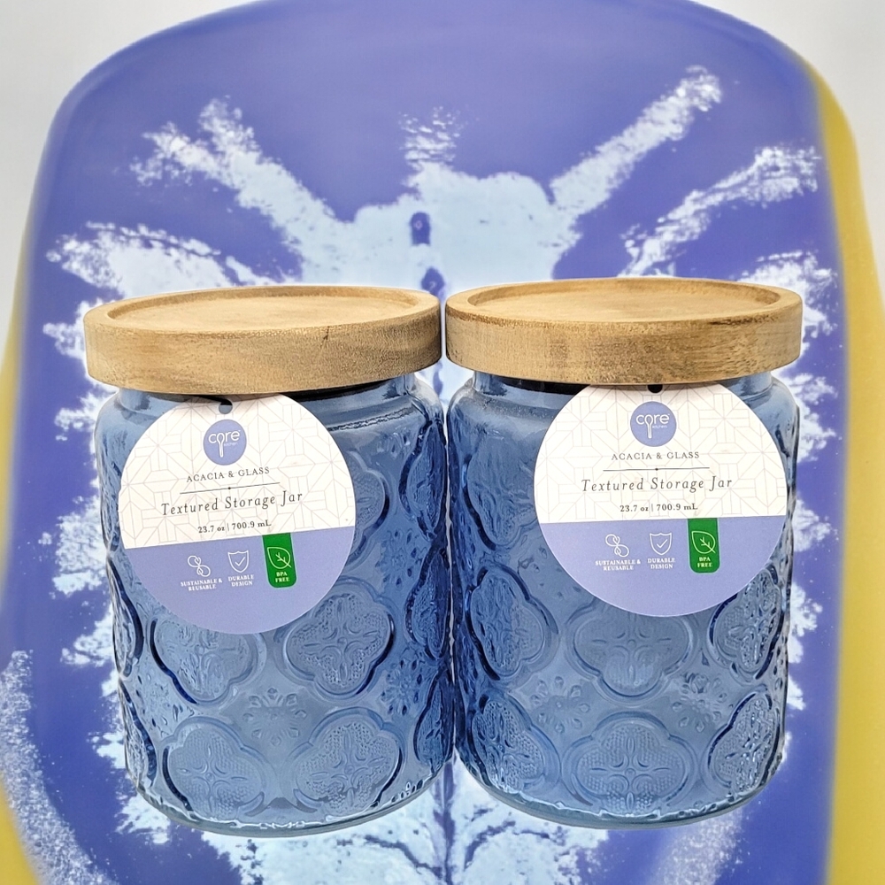 🆕️ SET OF 2 Blue Textured 5.5" H X 4" W Glass Storage Jars With Wood Lids -…